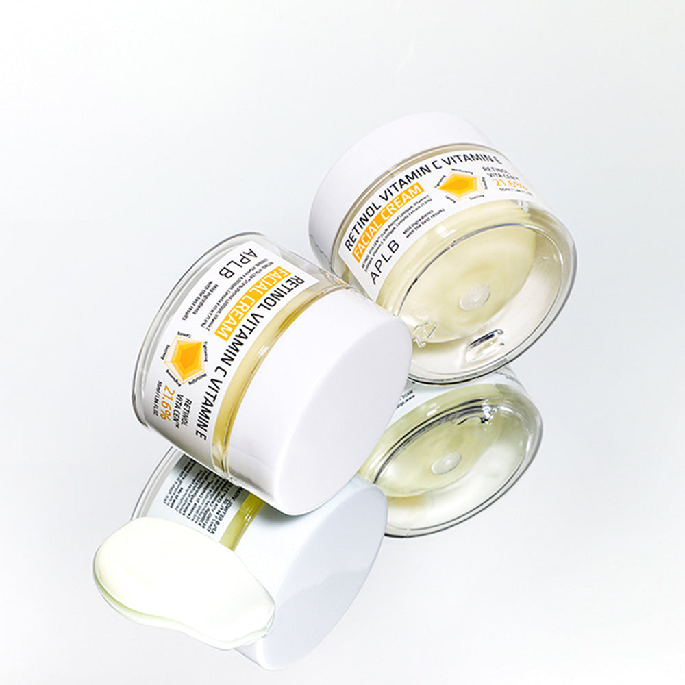 APLB Retinol Vitamin C Vitamin E Facial Cream reflected on a mirrored surface showcasing premium Korean skincare for smoother, firmer and brighter-looking skin.