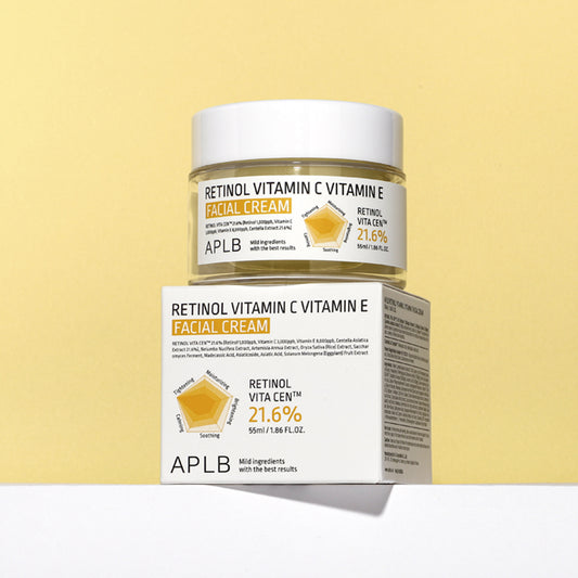 APLB Retinol Vitamin C Vitamin E Facial Cream 55ml displayed on top of its retail box featuring the Retinol Vita Cent™ Complex and Korean skincare packaging.