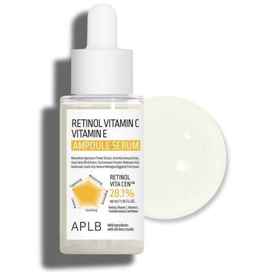 APLB Retinol Vitamin C Vitamin E Ampoule Serum 40ml with a lightweight serum texture swatch on a white background.