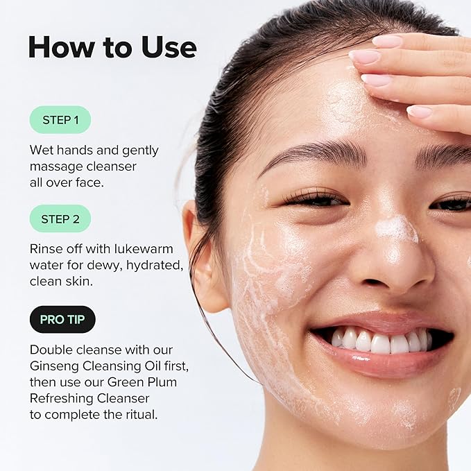 Beauty of Joseon Green Plum Refreshing Cleanser how-to-use guide featuring model application steps, showing how to massage onto wet skin and rinse for a fresh, hydrated cleanse.