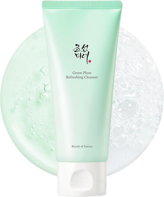 Beauty of Joseon Green Plum Refreshing Cleanser shown with a watery foam background, highlighting a refreshing Korean cleanser for soft, clean and comfortably hydrated skin.