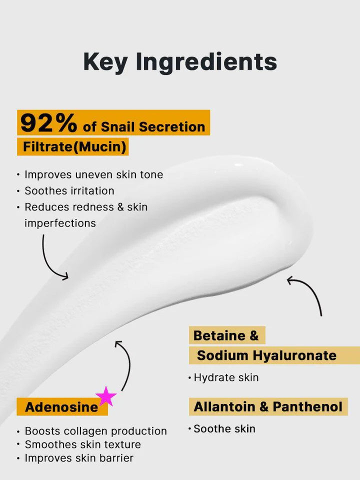 Key ingredients in COSRX Advanced Snail 92 Cream – 92% snail secretion filtrate, betaine, sodium hyaluronate, allantoin, panthenol, adenosine