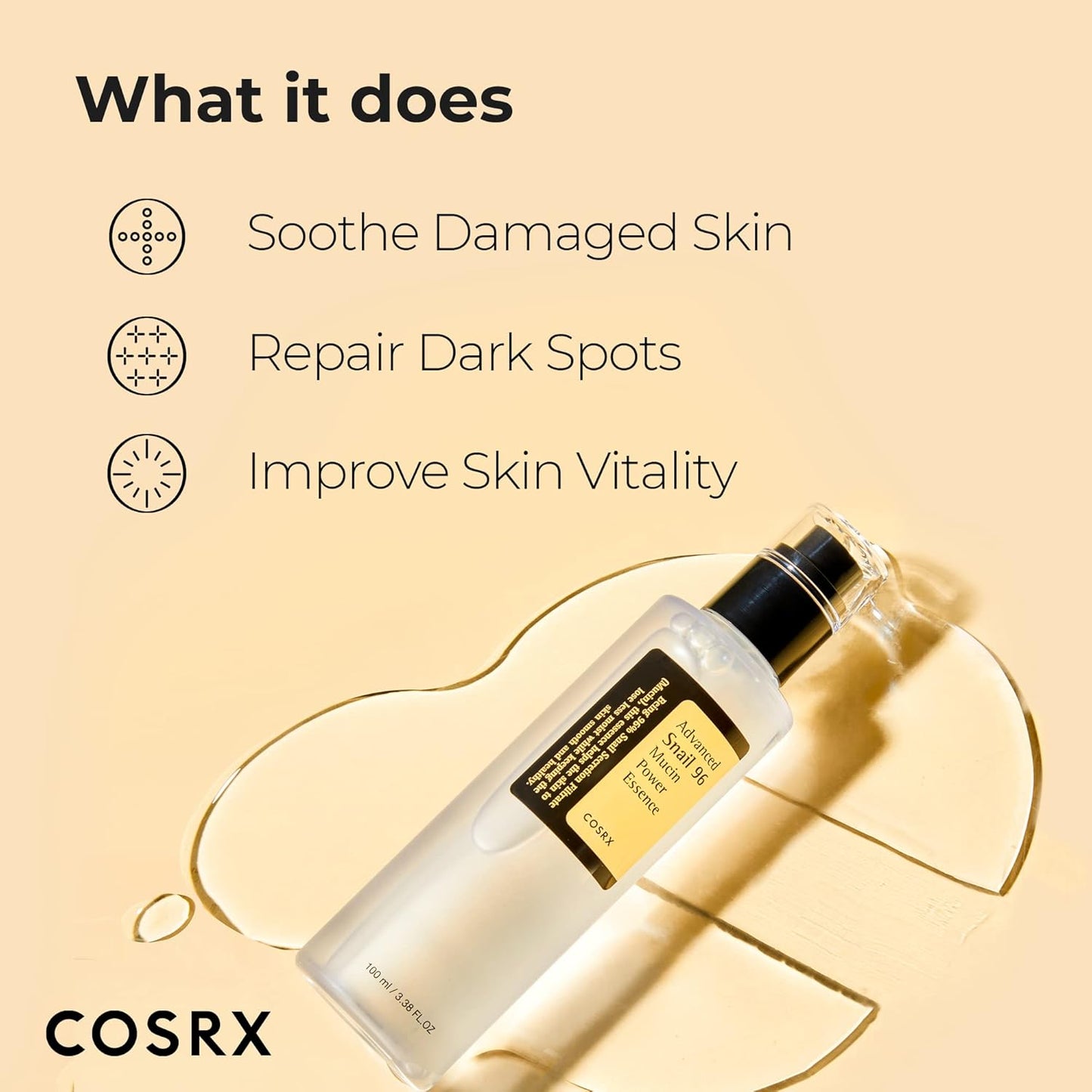 COSRX Snail 96 Power Essence – hydrates, repairs dark spots, soothes damaged skin and improves skin vitality