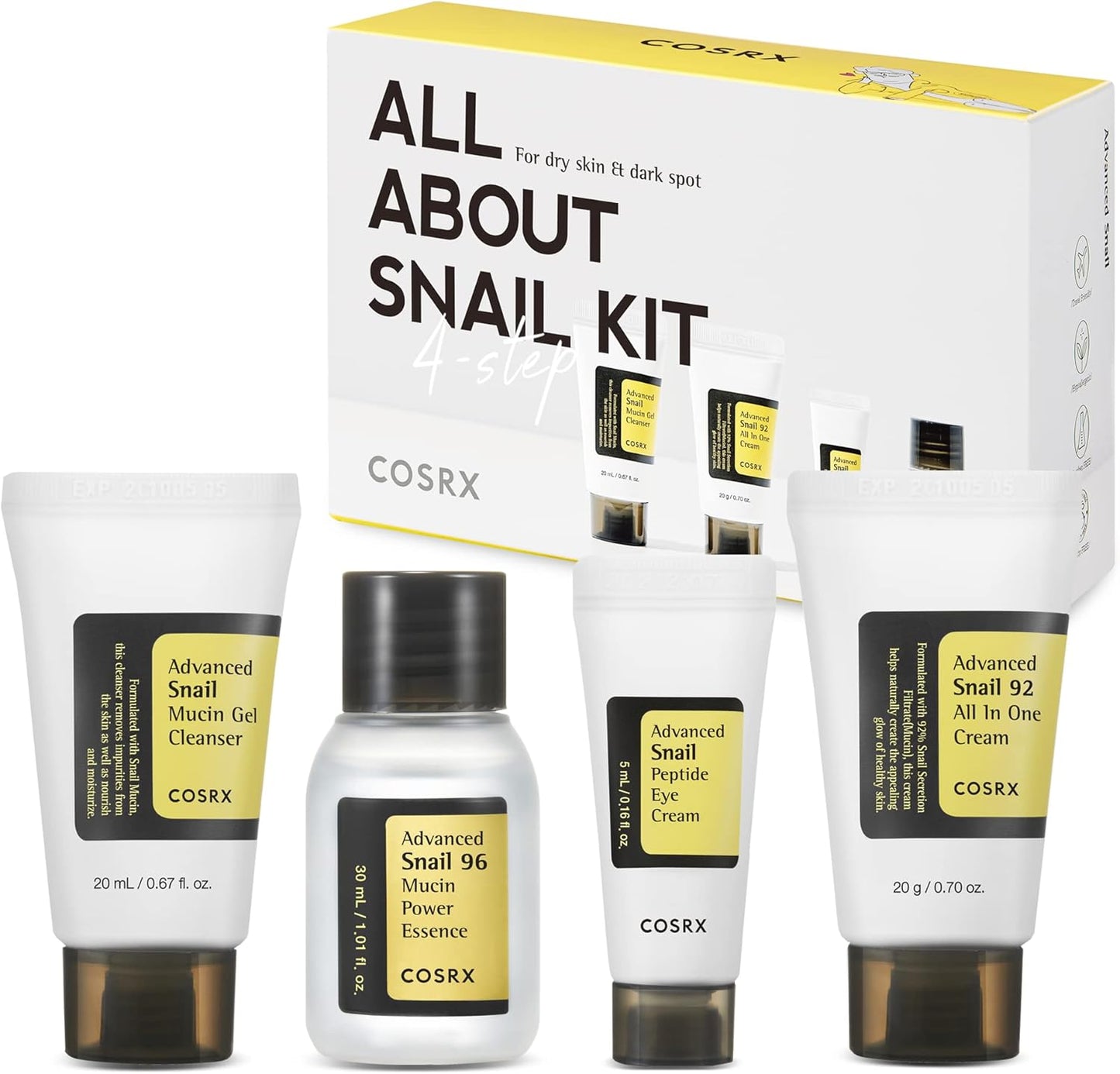COSRX All About Snail Kit 4-Step Trial Set with cleanser, essence, eye cream and cream – Korean skincare gift set