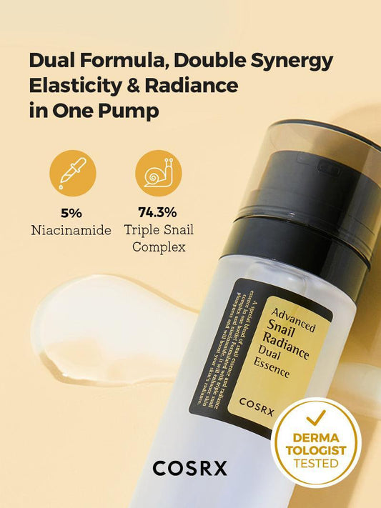 COSRX Advanced Snail Radiance Dual Essence with 5% Niacinamide and 74.3% triple snail complex