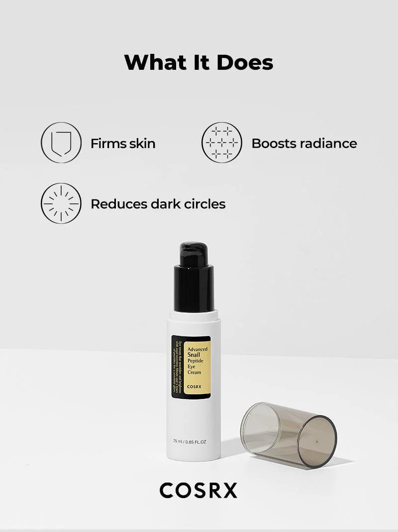 What COSRX Snail Eye Cream does – firms skin, reduces dark circles, boosts radiance