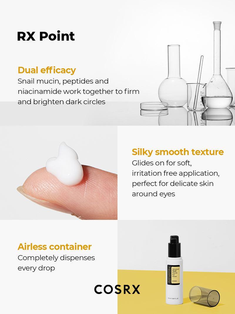 RX Points of COSRX Eye Cream – dual efficacy with mucin, peptides, niacinamide, silky texture, airless container