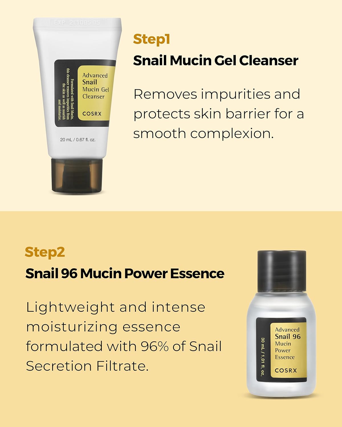 COSRX snail kit step 1 cleanser and step 2 mucin power essence – smooth complexion and hydration