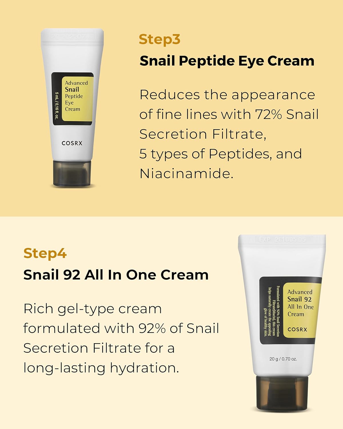 COSRX snail kit step 3 eye cream and step 4 all-in-one cream – reduce fine lines and hydrate skin