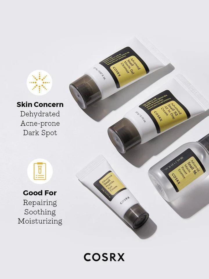 Flat lay of COSRX snail kit mini products – hydrating and soothing skincare for dehydrated, acne-prone skin and dark spots