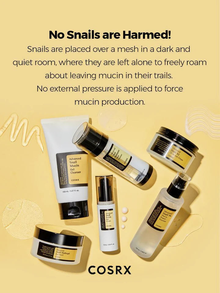 COSRX snail mucin skincare products with cruelty-free message – no snails harmed in mucin extraction