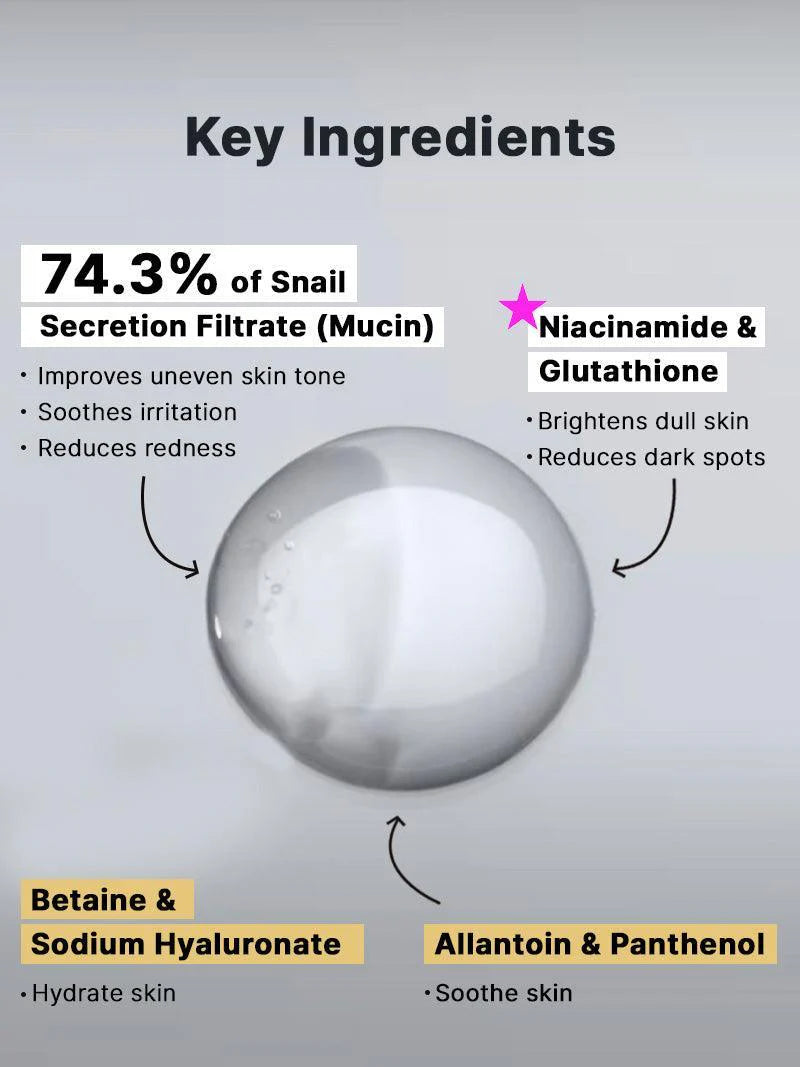 Key ingredients of COSRX Snail Radiance Dual Essence – snail secretion filtrate, niacinamide, glutathione, hyaluronate, panthenol