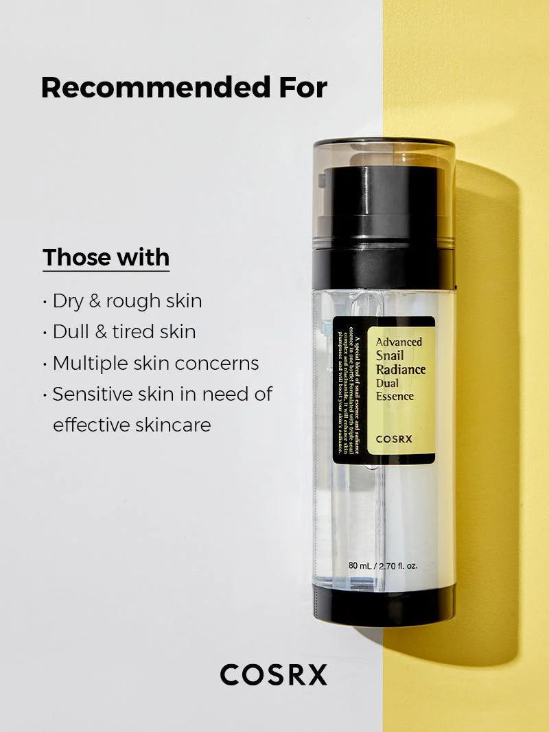 COSRX Snail Radiance Dual Essence recommended for dull, dry, rough, and tired skin