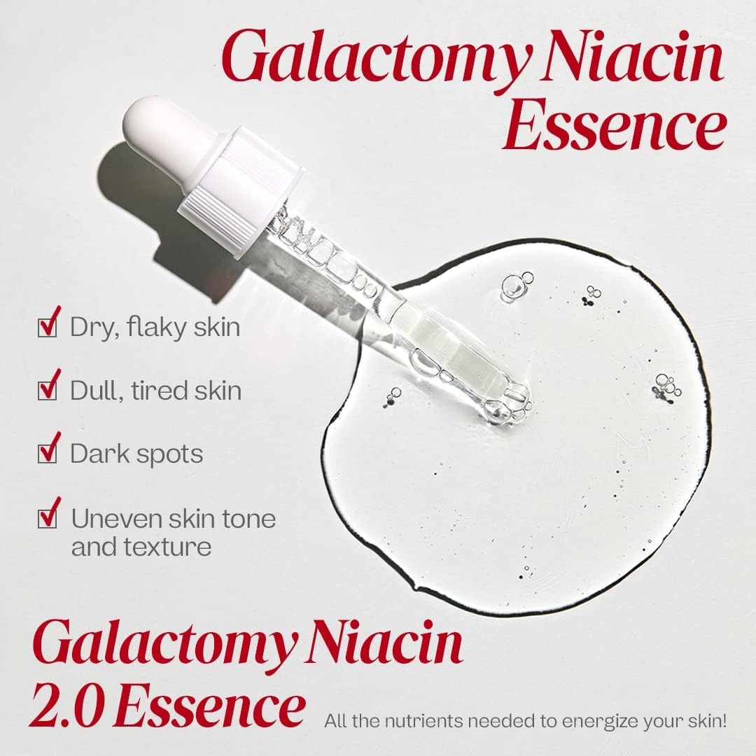 Benefits graphic — targets dryness, dullness, dark spots and uneven tone/texture for clearer, brighter skin.