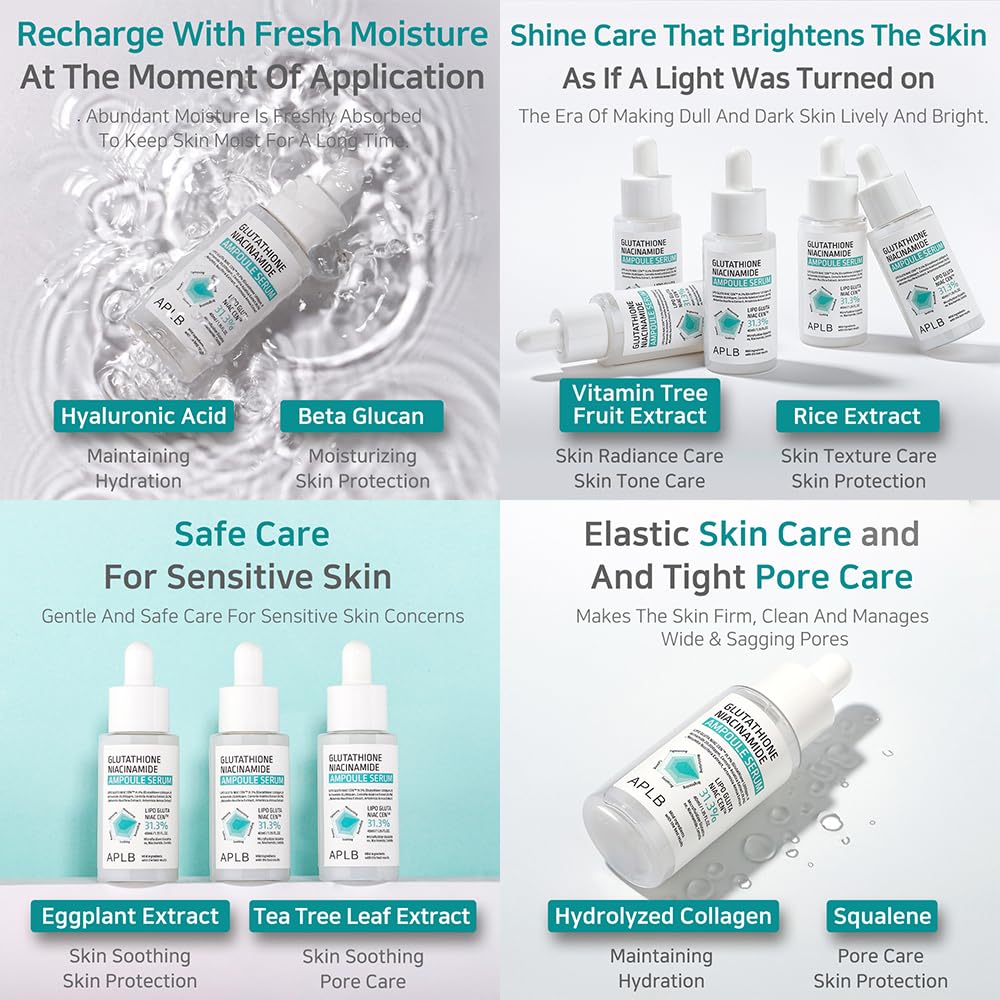 K-Beauty hydration and pore care benefits of APLB Glutathione Niacinamide Ampoule Serum with hyaluronic acid and plant actives.
