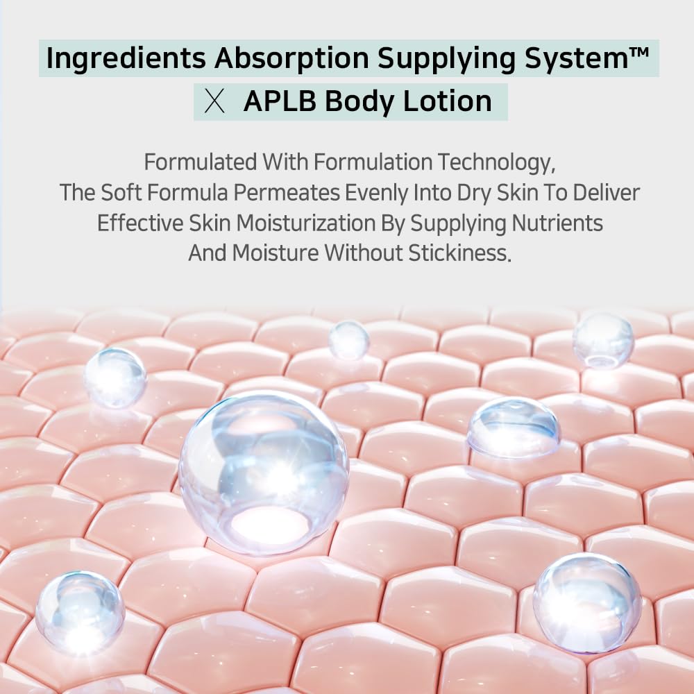 APLB Ingredients Absorption Supplying System™ visual—nutrients penetrating evenly for moisture without stickiness—K-Beauty tech for smooth, radiant body skin.