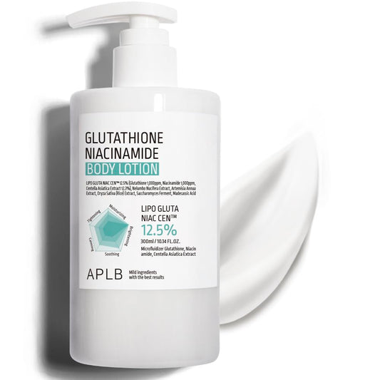 APLB Glutathione Niacinamide Body Lotion bottle with silky cream swatch, showcasing lightweight, non-sticky K-Beauty texture and brightening niacinamide.