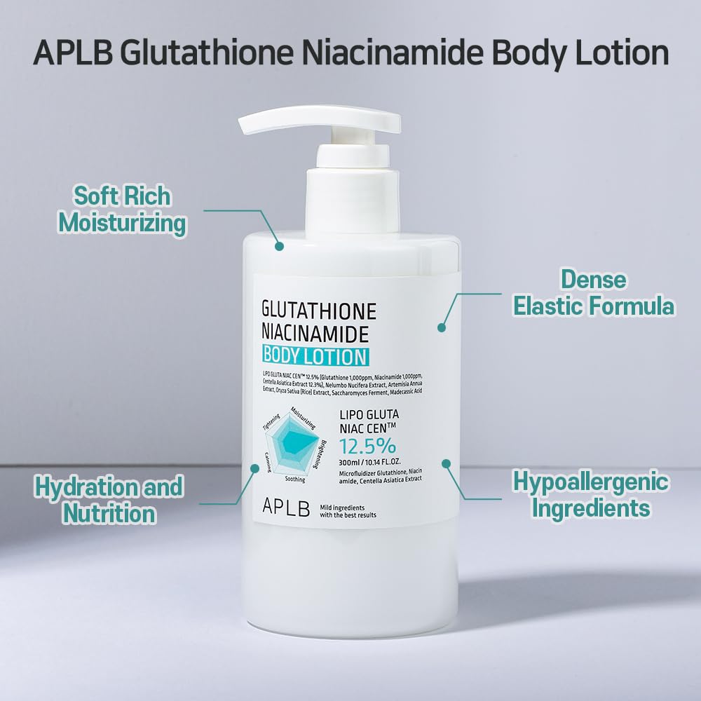 APLB Glutathione Niacinamide Body Lotion 300ml hero shot with “soft rich moisturizing” callouts—K-Beauty body care for deep hydration and elastic skin at K-Beau.