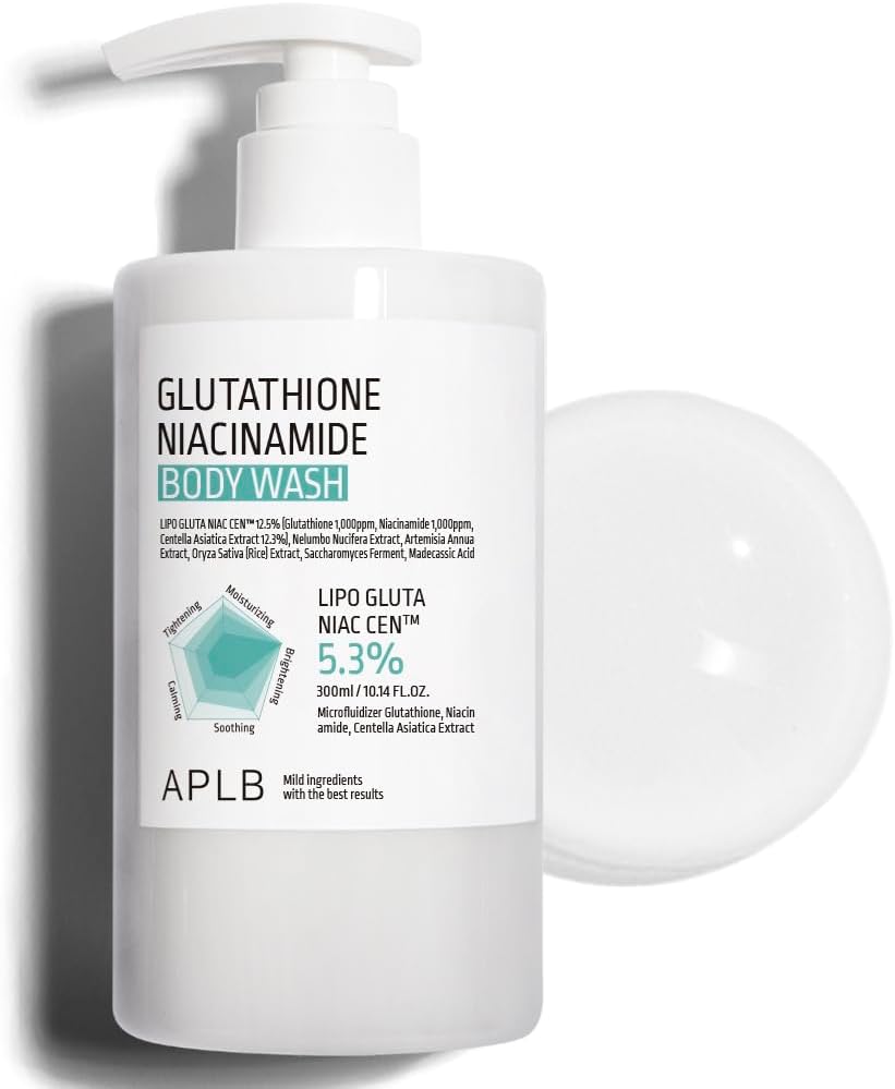 APLB Glutathione Niacinamide Body Wash 300ml bottle cutout with soft cream smear—gentle foaming texture, niacinamide + glutathione, Korean skincare cleanse without tightness.