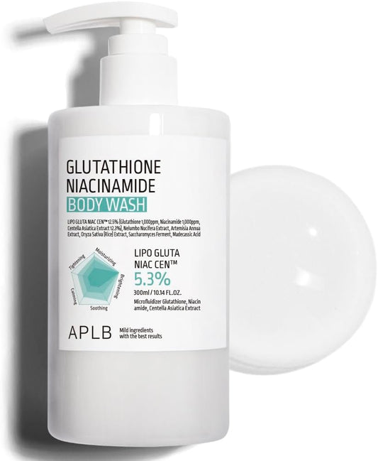 APLB Glutathione Niacinamide Body Wash 300ml bottle cutout with soft cream smear—gentle foaming texture, niacinamide + glutathione, Korean skincare cleanse without tightness.