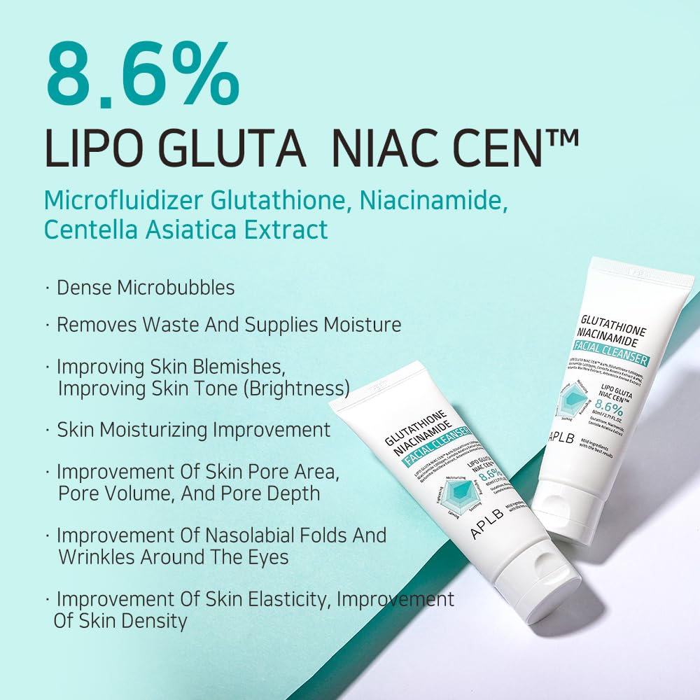 Teal benefits card featuring two APLB Glutathione Niacinamide Facial Cleanser tubes—brightening, hydration, and pore care—Seoul skincare routine.