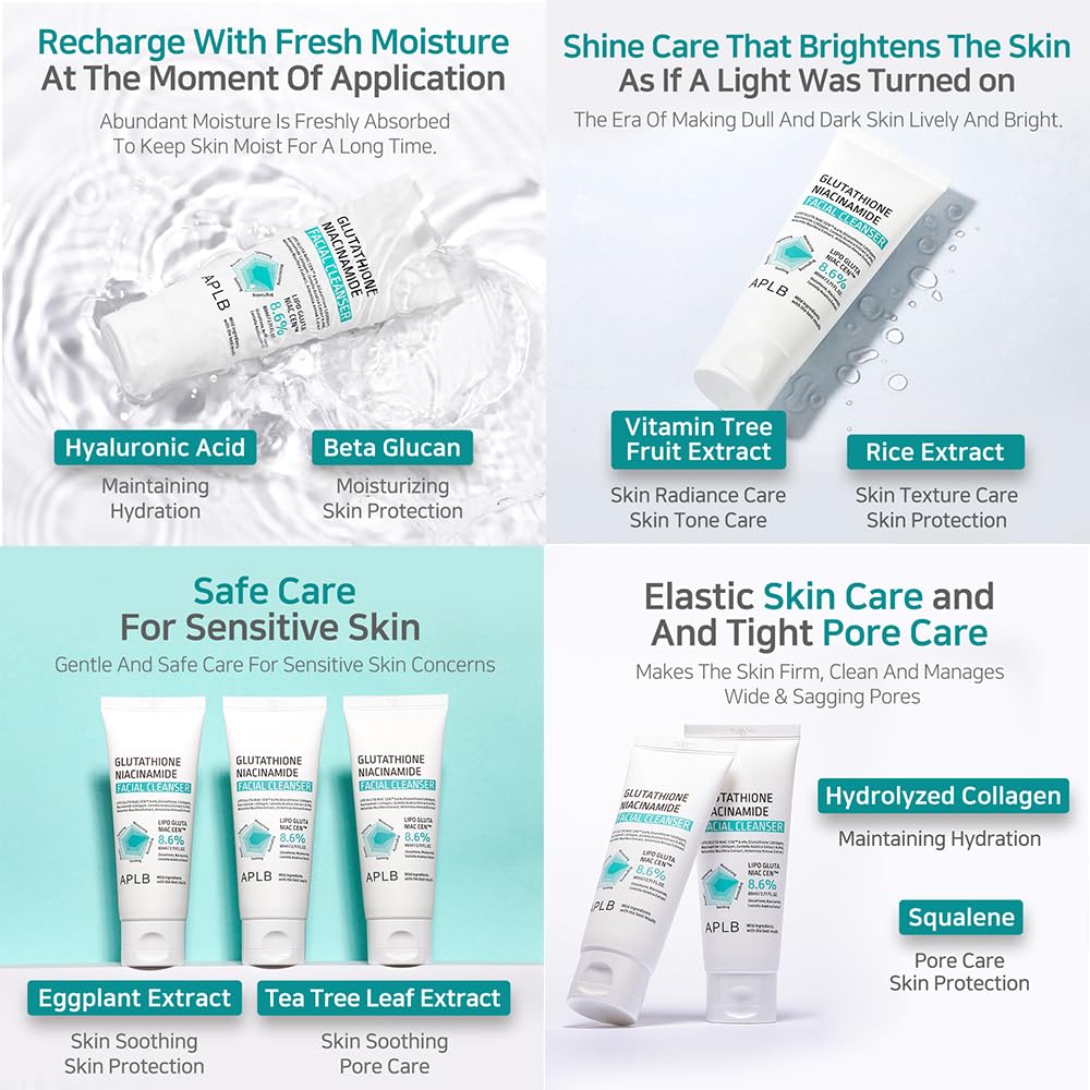 Benefits grid for Korean skin care APLB Glutathione Niacinamide Facial Cleanser—hyaluronic acid hydration, beta-glucan soothing, collagen support, squalene pore care.