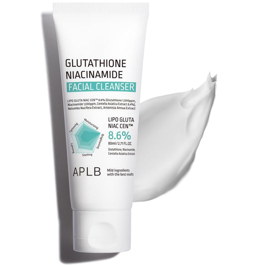 APLB Glutathione Niacinamide Facial Cleanser tube with silky cream swatch, showing dense microbubbles texture—K-Beauty daily cleanse at K-Beau.