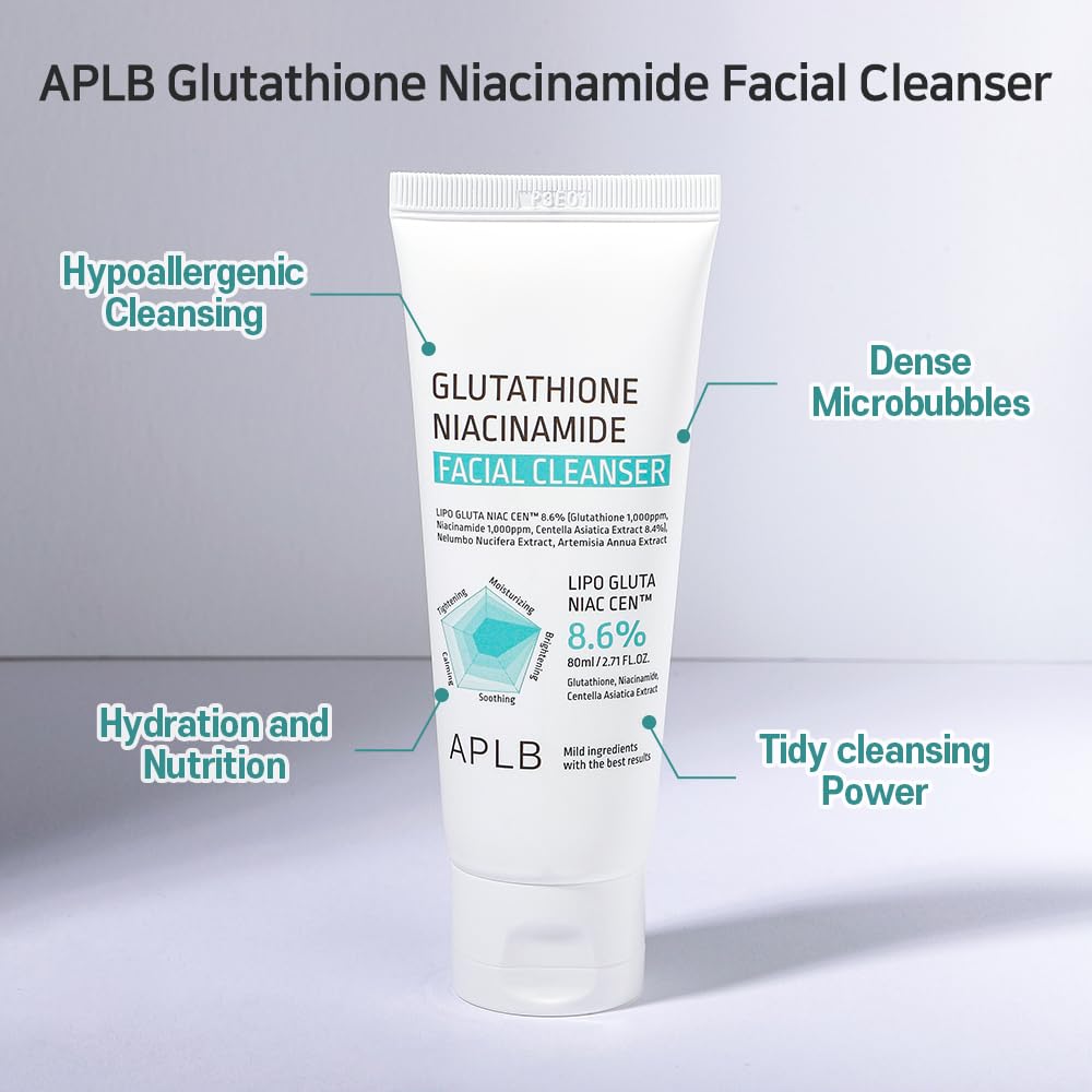 Hero shot of APLB Glutathione Niacinamide Facial Cleanser on blue-grey set with callouts: hypoallergenic cleansing, hydration, tidy cleansing power.