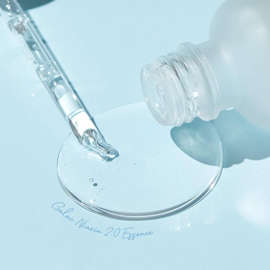 Lightweight, watery texture — clear dropper shot of Galac Niacin 2.0 Essence for fast K-Beauty absorption and glow.