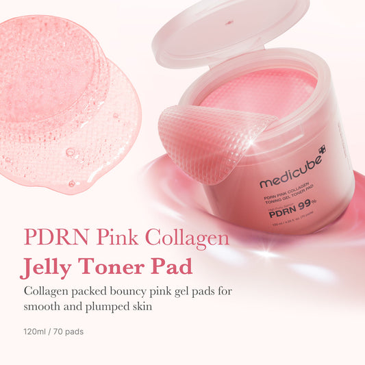 Medicube PDRN Pink Collagen jelly toner pads — bouncy Korean toner pads for plump, dewy skin and glass skin glow — K-BEAU.