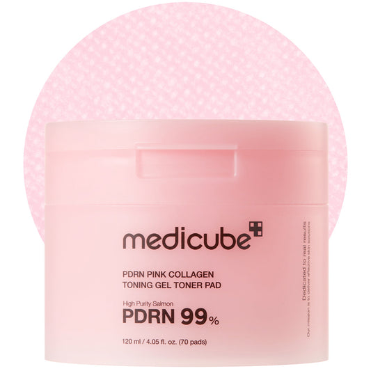 Medicube PDRN Pink Collagen Toning Gel Toner Pad — Korean collagen toner pads with salmon DNA PDRN for hydrated glass skin — K-BEAU Australia.