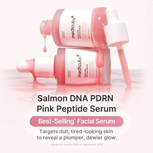 Medicube PDRN Pink Peptide Serum with dropper and pink serum texture, a Korean facial serum targeting dull tired-looking skin for a plumper dewy glow.