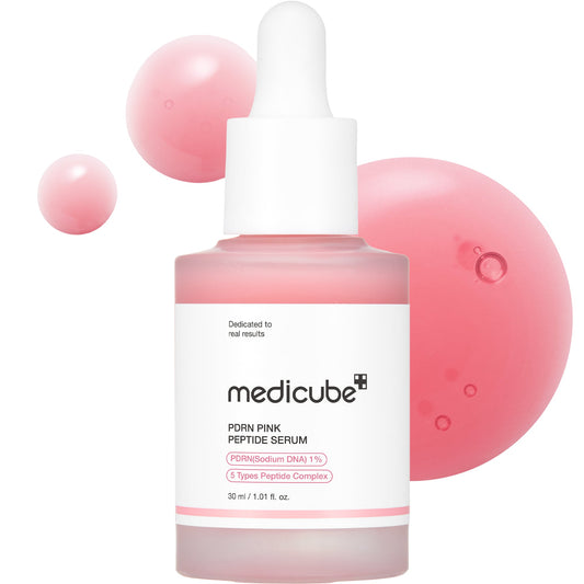 Medicube PDRN Pink Peptide Serum bottle with pink gel texture, featuring salmon DNA PDRN, niacinamide and peptides for glow-supporting Korean skincare.