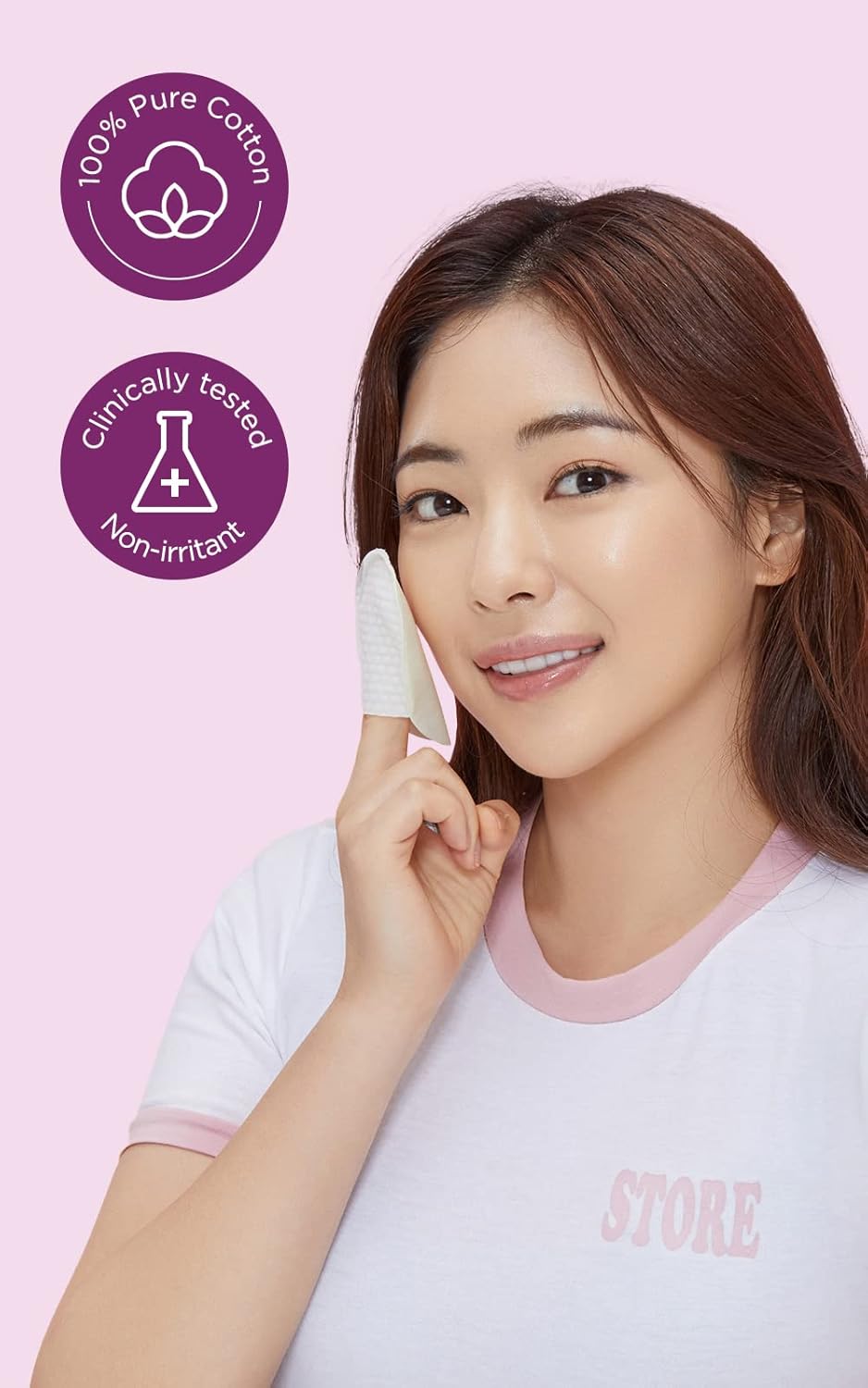 Model applying Wine pad—100% pure cotton, clinically tested non-irritant K-beauty exfoliating pad.