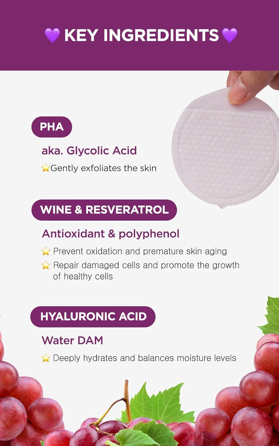 Key ingredients: PHA (glycolic), wine & resveratrol antioxidants, hyaluronic acid hydration. K-Beauty Perth. 