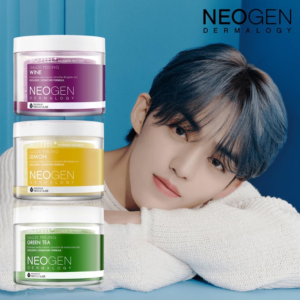 NEOGEN Gauze Peeling pads with K-Beau's model — Wine, Lemon and Green Tea variants stacked for daily exfoliation.